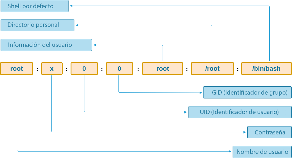 Esquema de registros en el archivo /etc/passwd para el usuario root