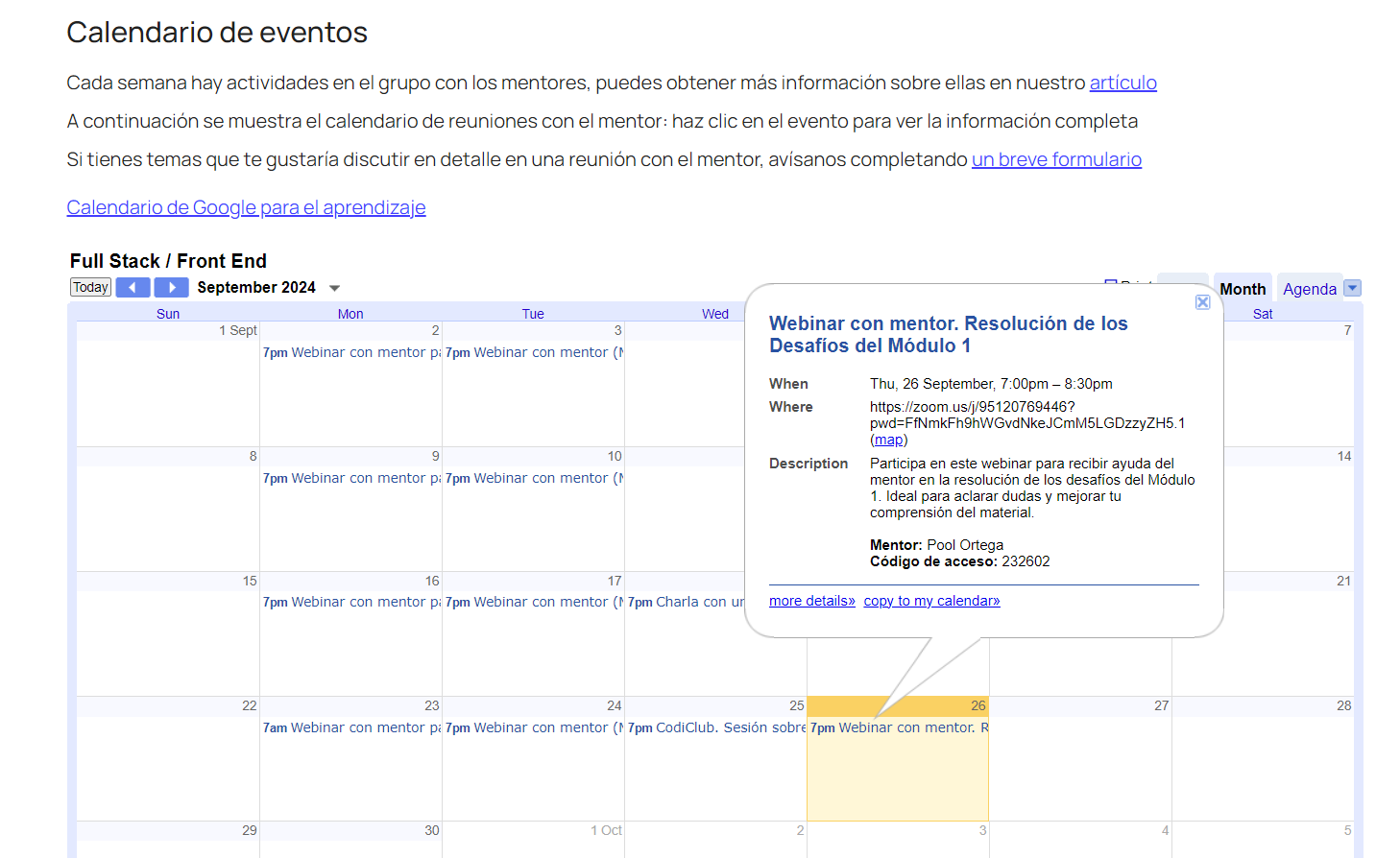 Calendario de eventos